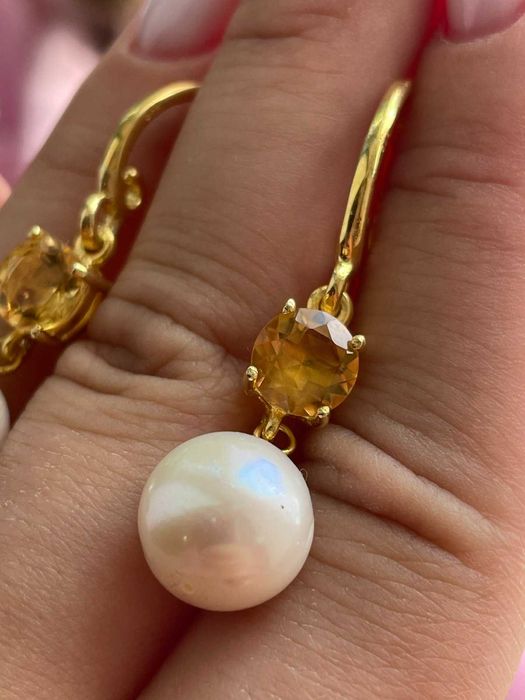 Серьги из белого жемчуга 10мм и цитрина, серебро 925 пробы