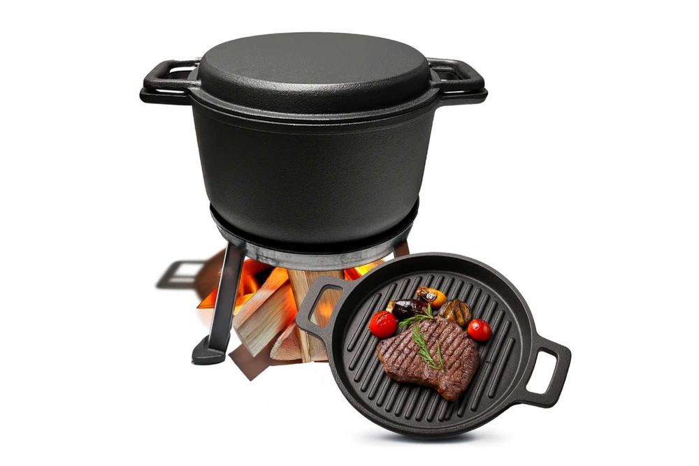 Kociołek Żeliwny Myśliwski Z Patelnią Garnek 10l 3w1 Ognisko Grill Kocioł Na Pieczonki Na Gulasz Do Potraw Ciepłych Dań