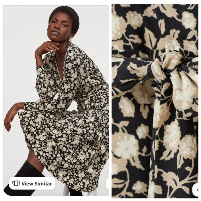 H&M S Elegancka sukienka midi czarna  w beżowe kwiaty długa