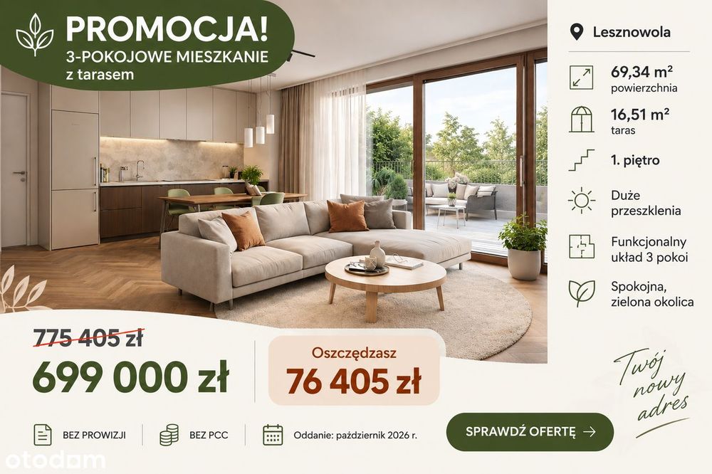 3 pokoje | 69m² | taras 16,5 m ²| Standard Premium| Bez prowizji i pcc
