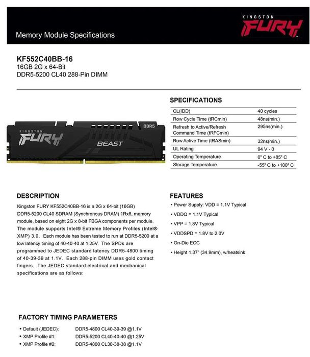 оперативная память Kingston FURY BEAST DDR5 8GB 5200MHz 16GB 4800MHz