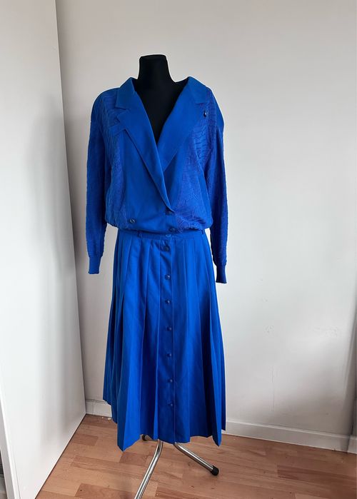 Ravens vintage komplet sweter spódnica plisowana 40 L 42 xl chabrowa