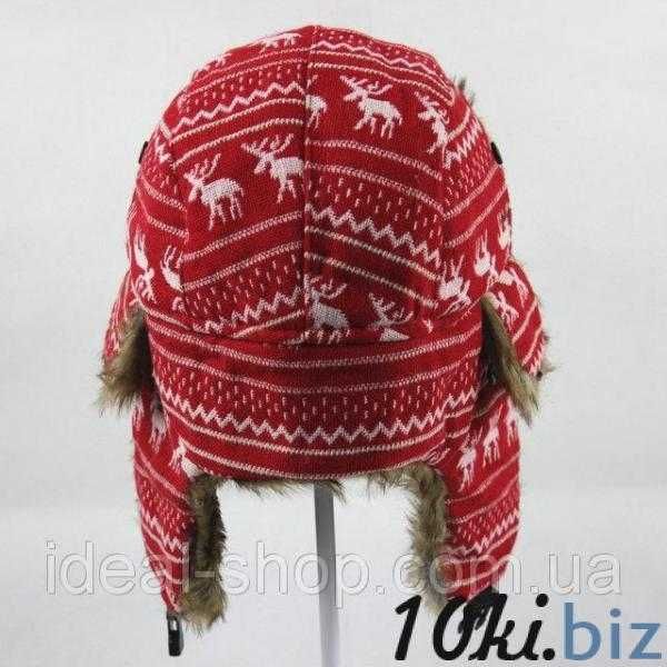 Шапка вушанка з оленями червона Універсальна для чоловіків та жінок