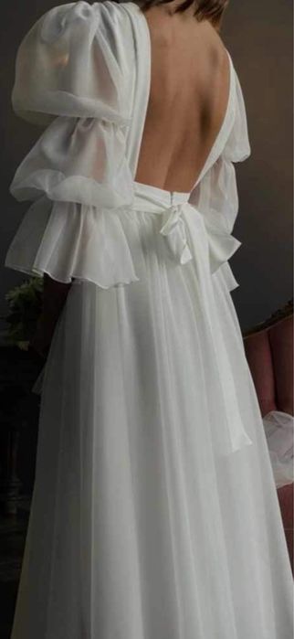 Sukienka suknia ślubna midi pinup odkryte plecy boho bufki S 36 retro