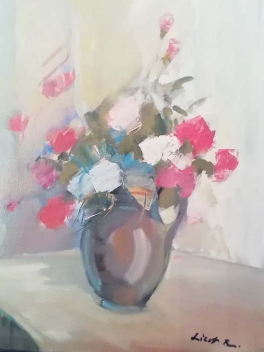 Obraz kwiaty sygn. Lizut R. Płótno olej wym. 30x50 cm. Ostatnie pracę