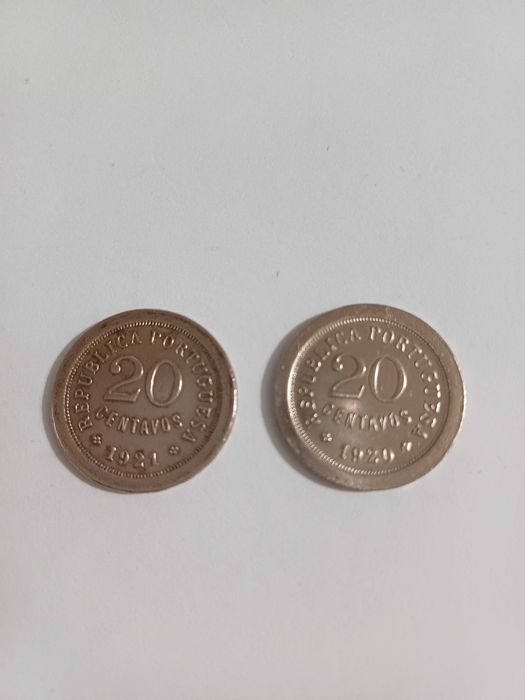 20 CENTAVOS de 1920 e 1921 2 moedas em Cupro-Niquel da 1ª REPÚBLICA