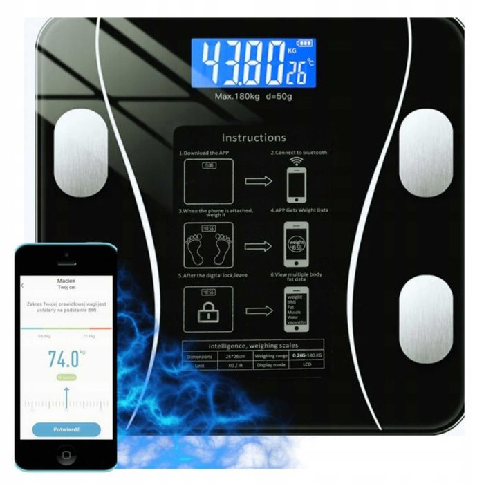Waga łazienkowa analityczna Bluetooth 180 KG SMART 25w1 + Baterie