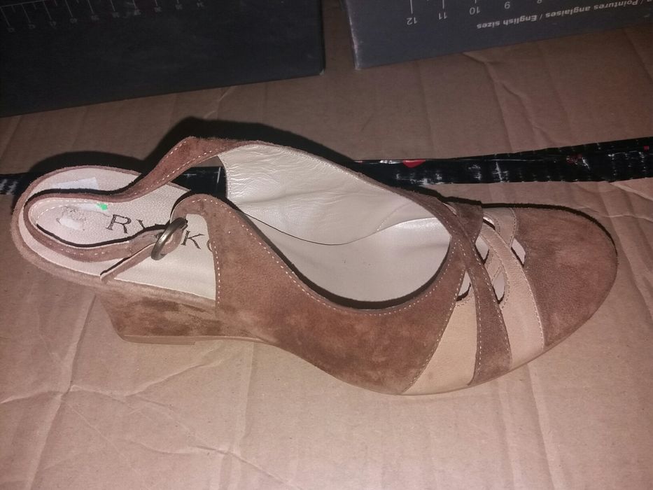 Ryłko rude brązowe koturny platformy zamszowe skóra z palcami 36