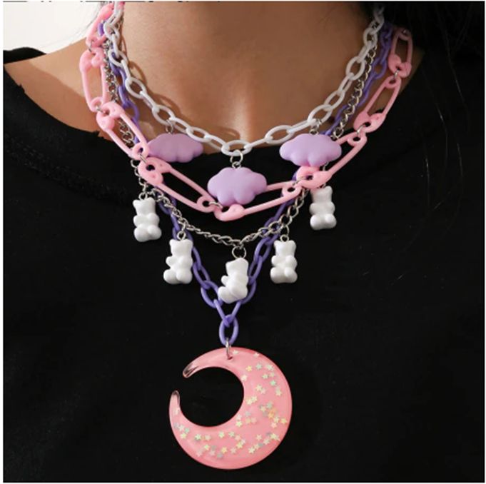 Naszyjnik Y2K pastelowy Księżyc, chmurki i misie, styl kawaii, e-girl