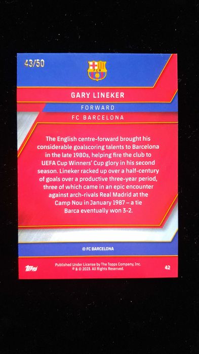 Gary Lineker Topps Chrome Barcelona /50 GOLD Refractor