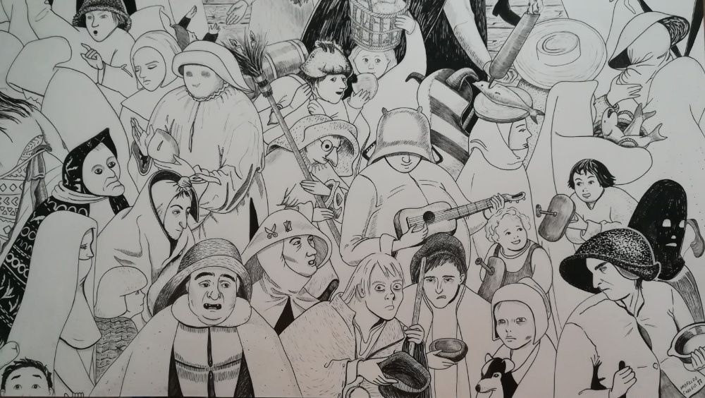 Desenho original a caneta Carnaval e Quaresma de Brueghel -42 x 59,4cm
