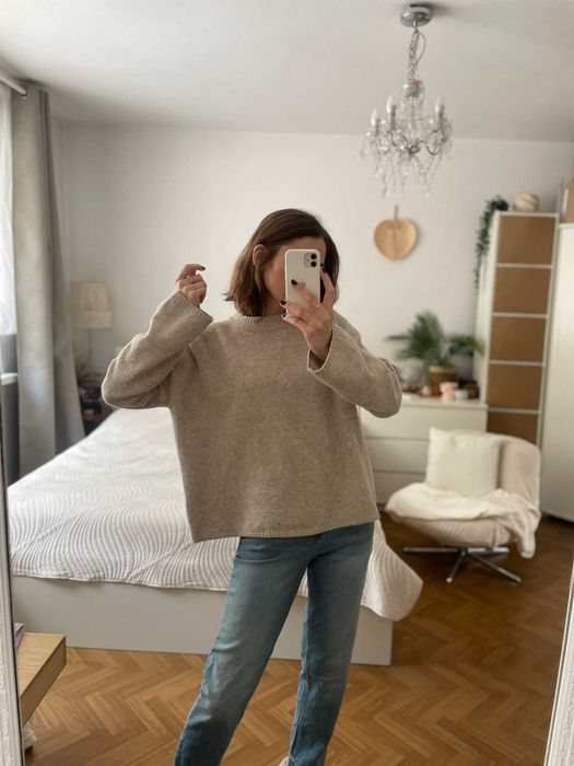 H&M sweter beżowy melanż oversize z włosem wełna S 36 M 38