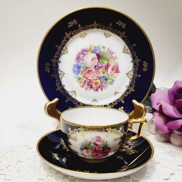 Антик Rosenthal чайное трио 1930-е, глубокий кобальт,золото, Rosalinde