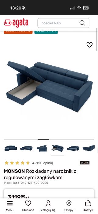 Narożnik z funkcją spania,gratis granatowe zasłony