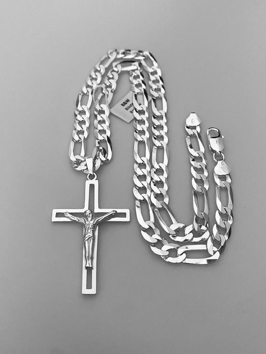 Nowy Łańcuszek SREBRNY 7,7mm Figaro 50cm+Krzyż pr.925. Sklep