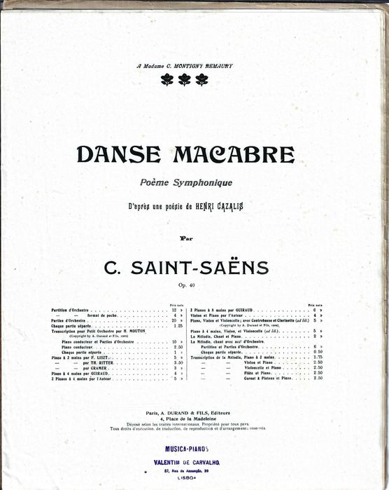 PIANO: Partitura Histórica da "Danse Macabre", de Saint-Saëns - Ed. Durand / Carimbo Valentim de Carvalho