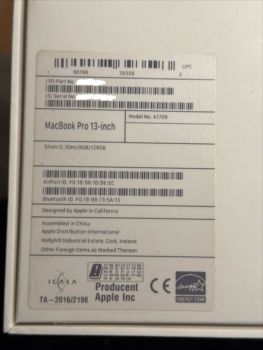 MacBook Pro 13” 2017 (A1708) | i5 | 8 GB RAM | 128 GB SSD | Retina