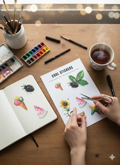 Zestaw Lato morze owoce 20 akwarelowych naklejek do druku PNG PDF