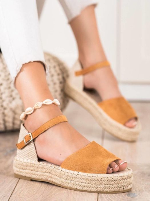 Bestelle nowe buty espadryle sandaly koturn platforma musztarda