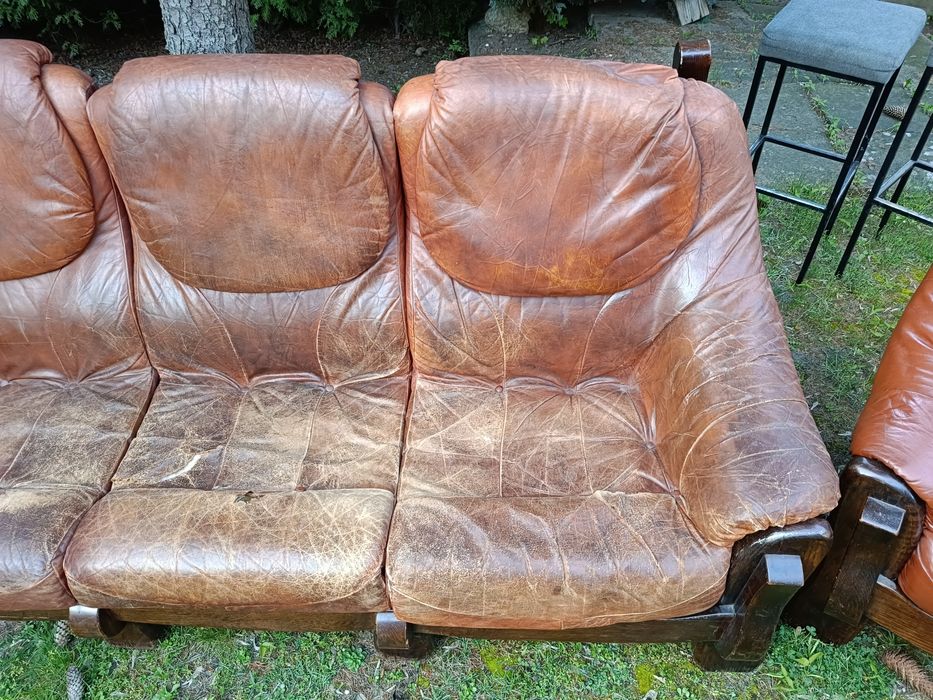 Zestaw Wypoczynkowy sofa i 2 fotele SKÓRA BYDLECA