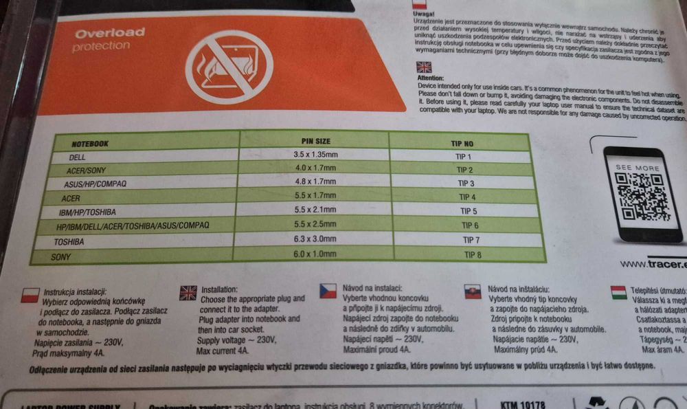 Tracer 200C Zasilacz Samochodowy 8w1 80W Do Komputera Laptopa Noteboka