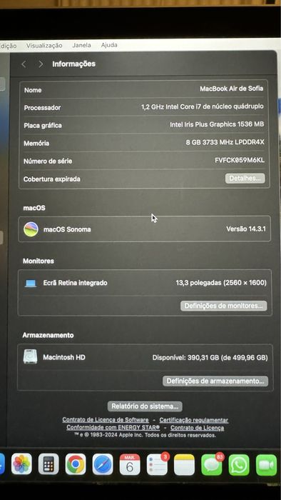 Macbook Air 13 polegadas Processador i7 ano 2020