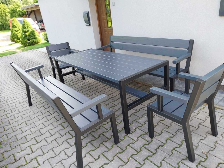 Ogrodowe meble drewniane + metal ocynk stół 2 ławki 2 fotele zestaw