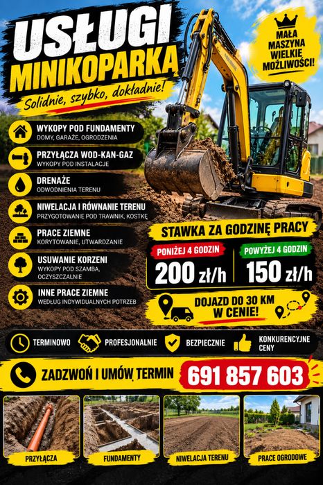 Usługi minikoparką wykopy przyłącza niwelacja terenu
