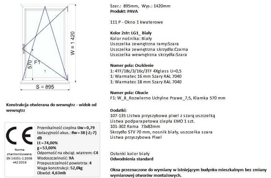 Okno pvc białe RU prawe 895mm x 1420mm