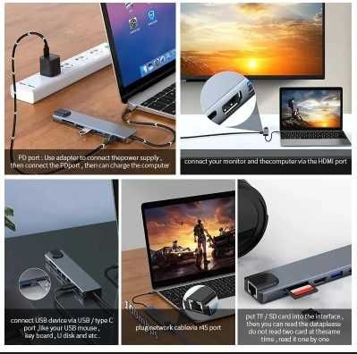 USB-C para Gigabit RJ45 Adaptador 8 em 1 com porta PD