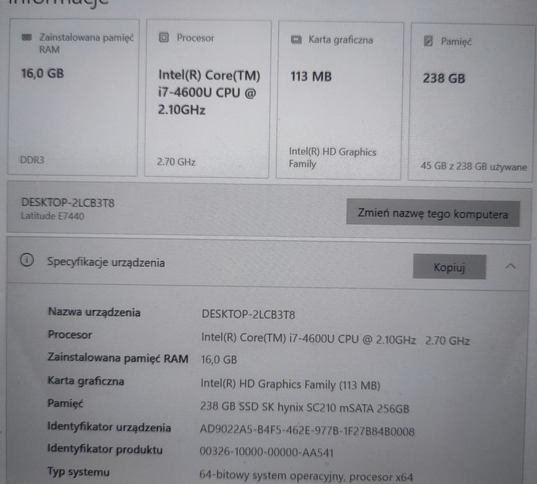 Laptop Dell Latitude E7440 Intel Core i7, 16 GB RAM + ładowarka