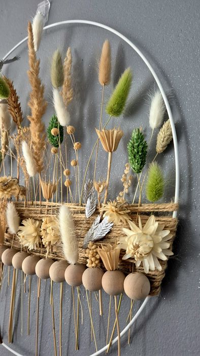 Dekoracja ścienna boho z suszonych traw 40 cm, rękodzieło