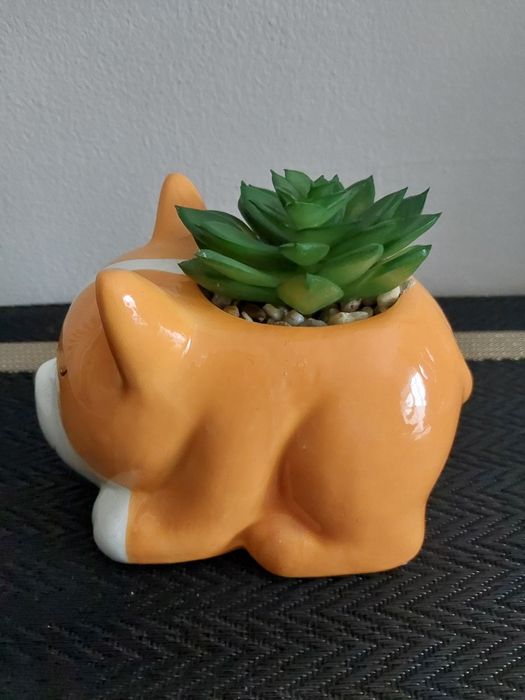 Figurka piesek z doniczką dekoracja z sukulentem idealna na prezent