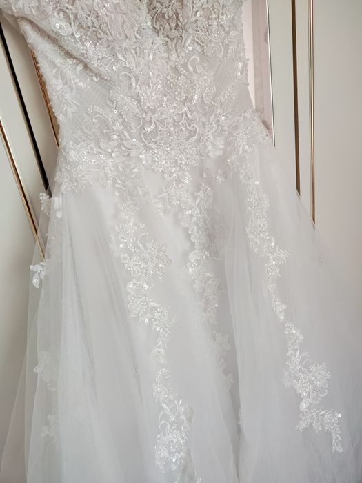 Suknia ślubna Muriel biała koronka diamenciki brokat ramiączka