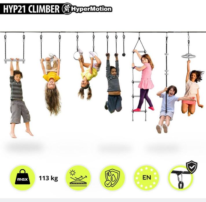 tor przeszkód ninja dla dzieci, zestaw slackline 15 m, 10 przeszkód, ogród, trening sprawności HyperMotion HYP21