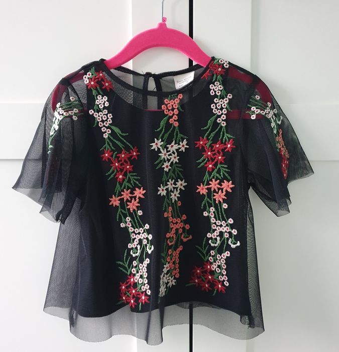 Nowa czarna bluzka z siateczką Zara 110 haftowane kwiaty