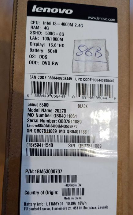Laptop Lenovo B5400 Intel Core i3-4000M 2.4GHz RAM 8GB SSHD 500GB