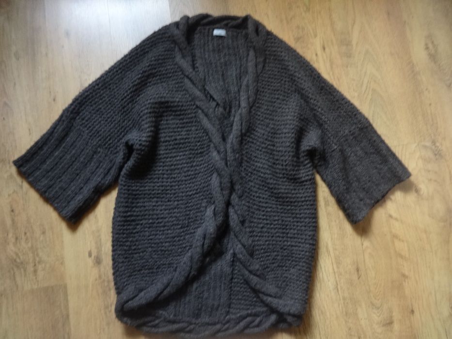 Długi brązowy sweter kardigan narzutka wełna over size XL