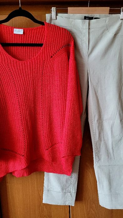 Zestaw beżowe spodnie oaz koralowy sweterek  L/XL