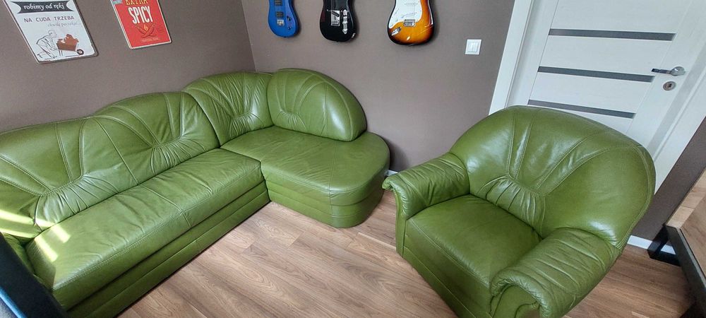 Sofa skórzana z funkcją spania z pojemnikiem na posciel + fotel