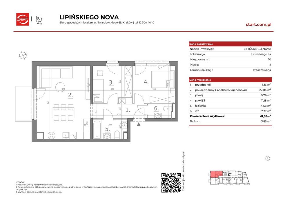 3-pokojowe mieszkanie 61m2 + balkon