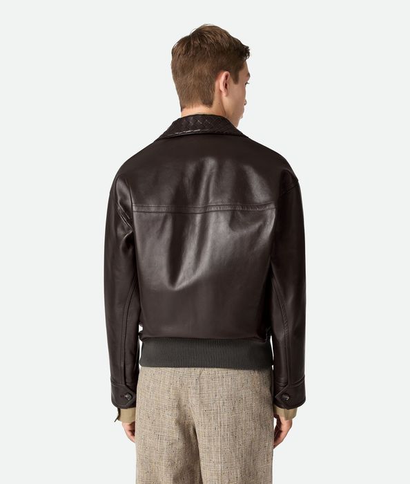 Чоловіча шкіряна куртка-бомбер Bottega Veneta Intrecciato Collar Brown (Коричнева брендова куртка з натур. шкіри) XL