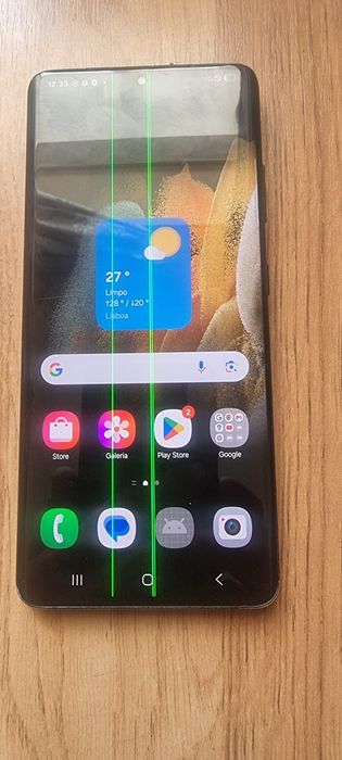 Samsung S21 Ultra 512 GB. Em funcionamento. O ecrã apresenta duas faixas verdes, como se pode ver na foto. Isto não afeta o funcionamento. A tampa t.