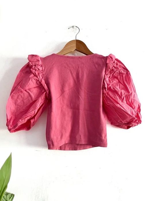 Top Rosa Canelado manga balão Zara S