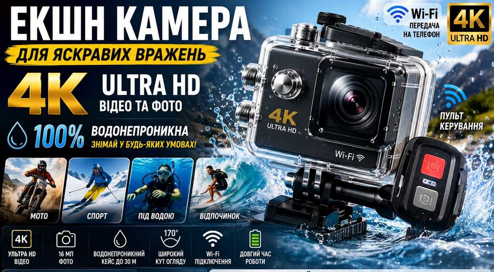 Екшн-камера 4K UltraHD відео Wi-Fi водонепроникна підводна ширококутна