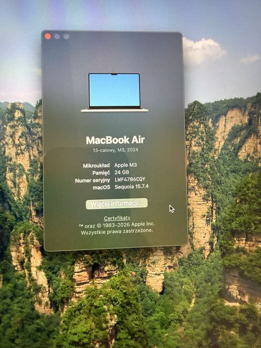 Macbook 13” Air M3 2024r. 24GB 512 GB