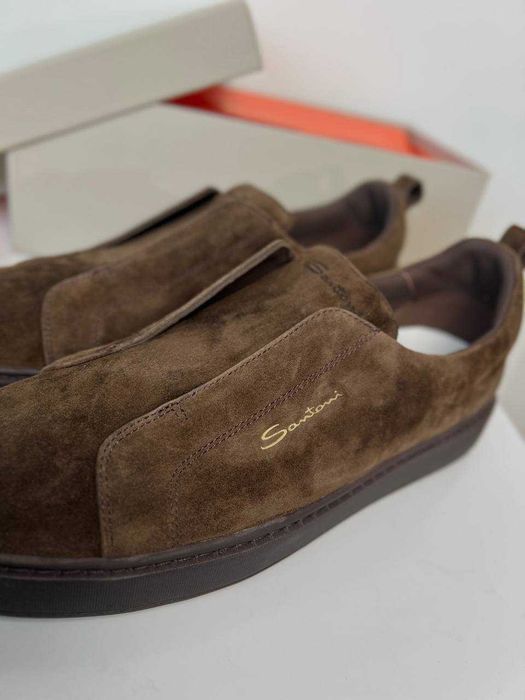 Мужские кожаные кроссовки Santoni замшевые кеды Сантони коричневые