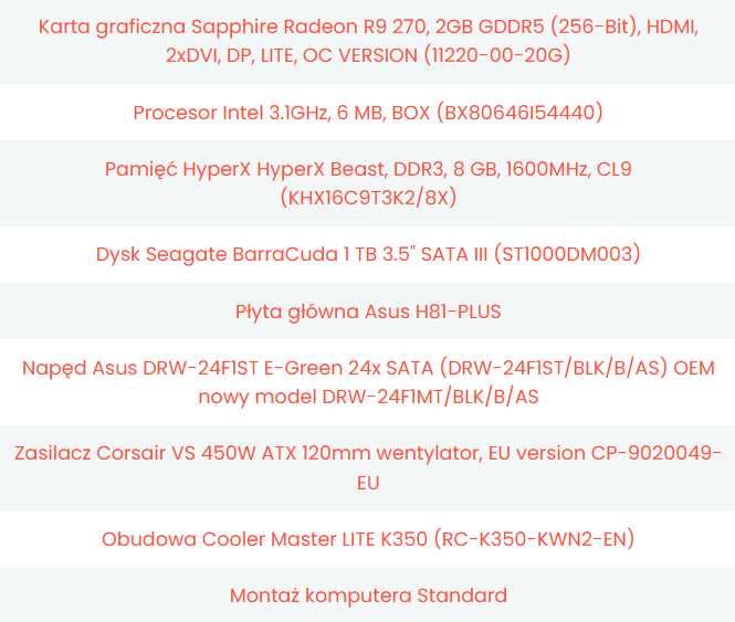 Komputer - i5 3.1 GHz / Sapphire Radeon R9 270, 2GB / 8GB RAM/ 1 TB