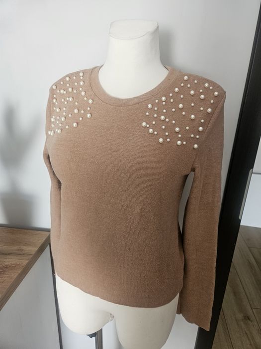 Sweter brąz perełki zara s