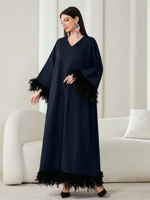 Sukienka W Stylu Arabskim Maxi Zdobiona Piórami Granatowa Shein S 36
